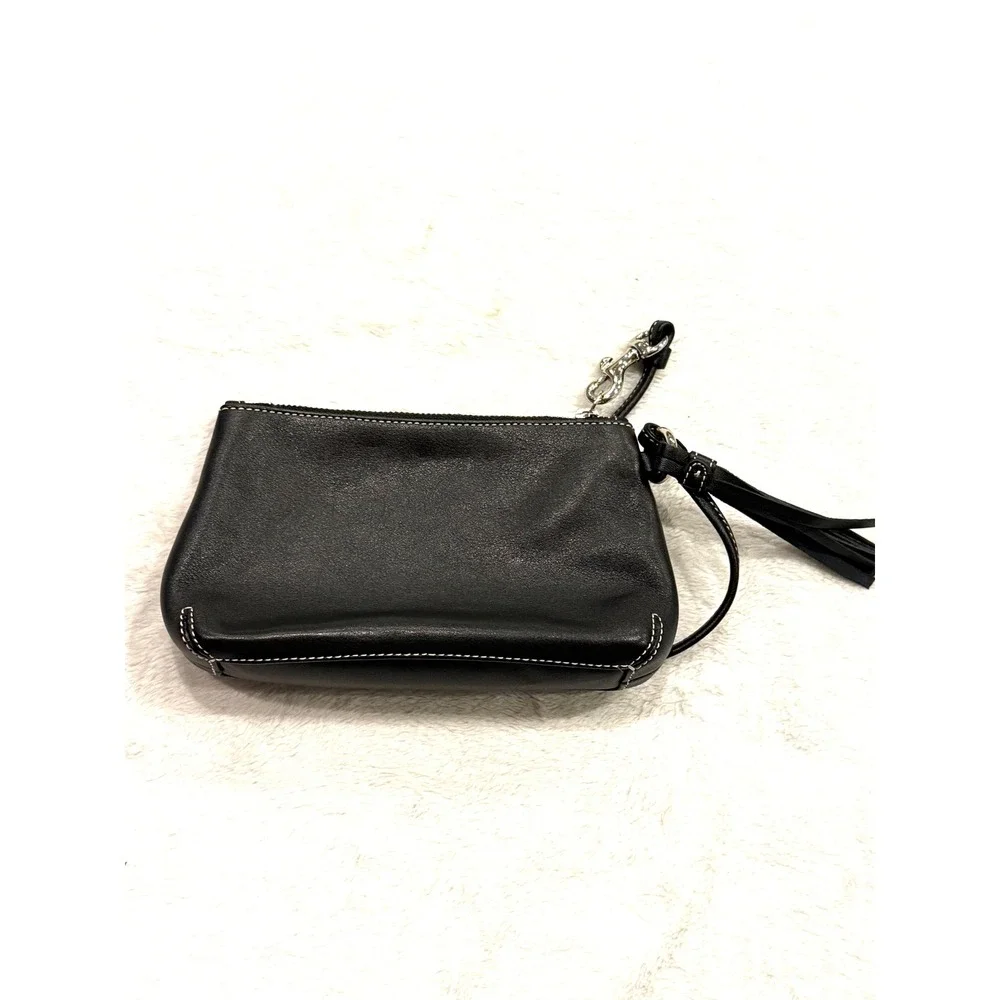 Vintage Coach Black Leather Wristlet Tassel Pouch Bag with White Stitching